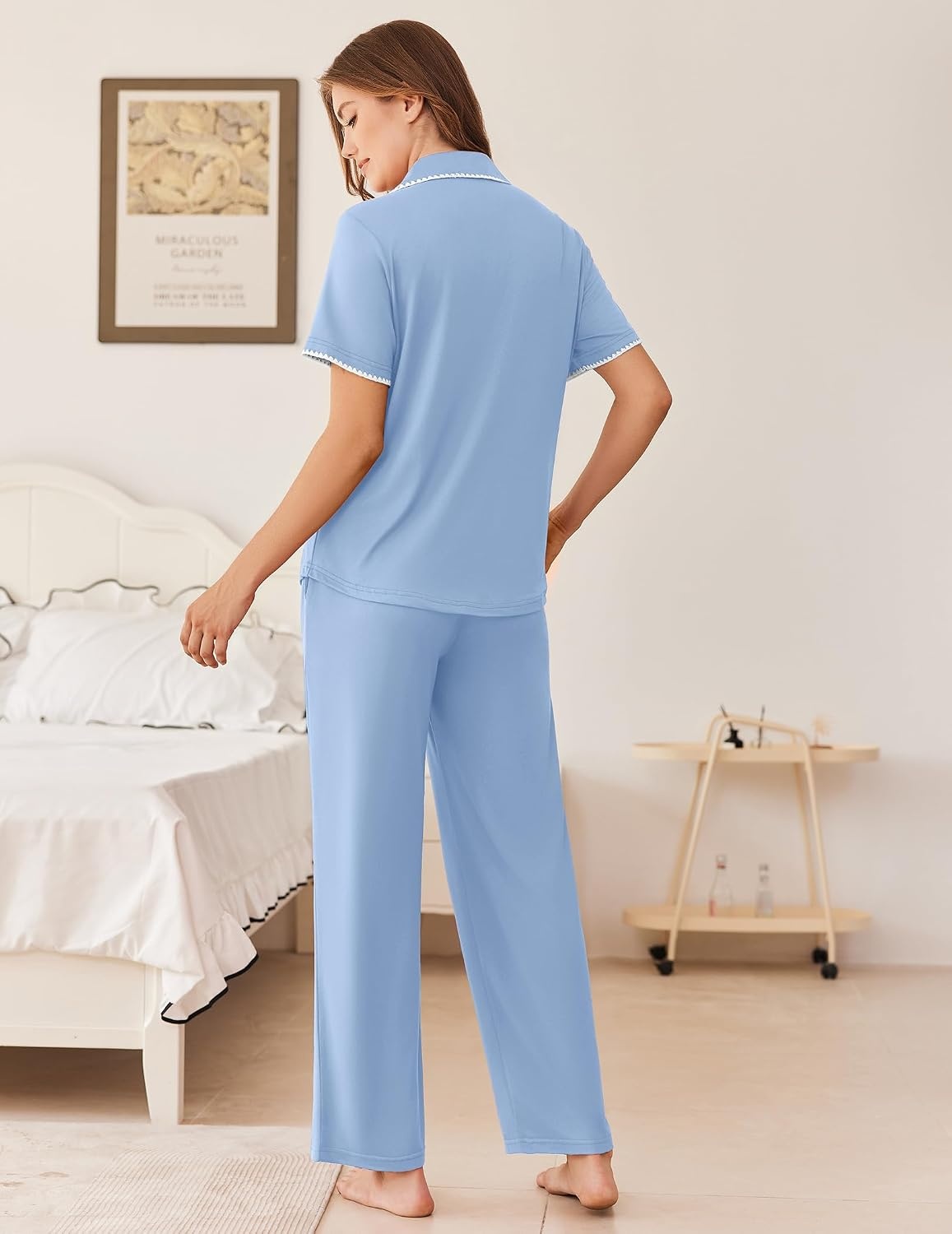 image:imageEkouaer Womens Pajamas Set Button Down Loungewear Short Sleeve Pants PjsLight Blue