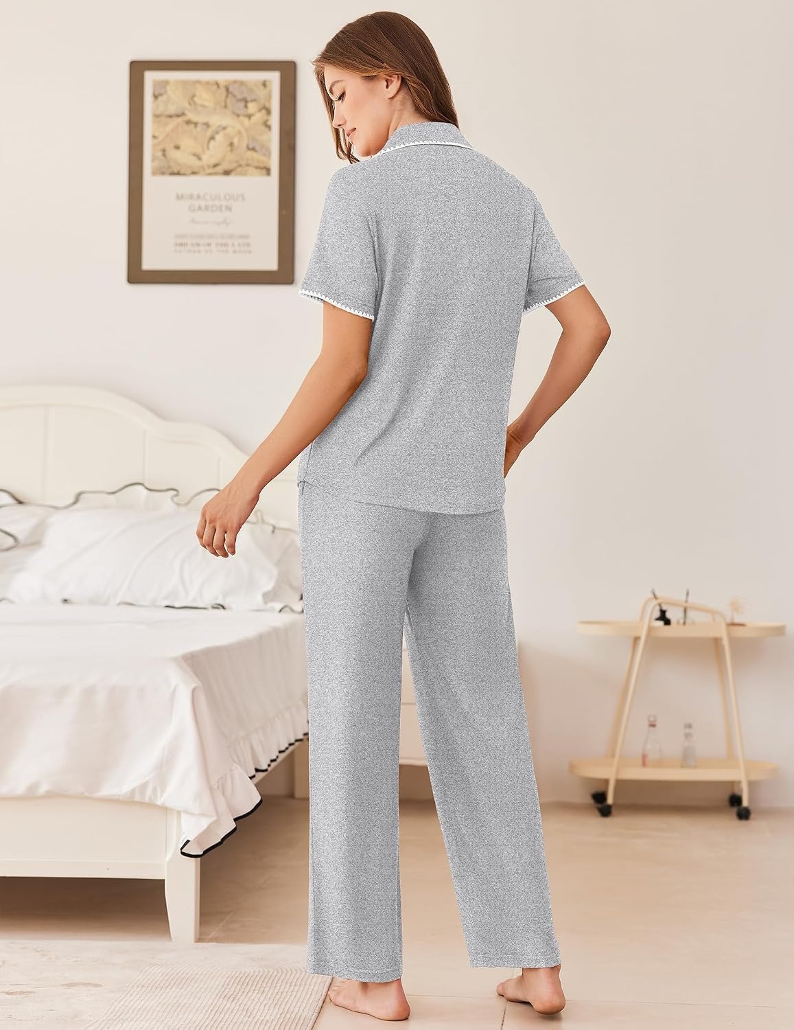 image:imageEkouaer Womens Pajamas Set Button Down Loungewear Short Sleeve Pants PjsLight Grey