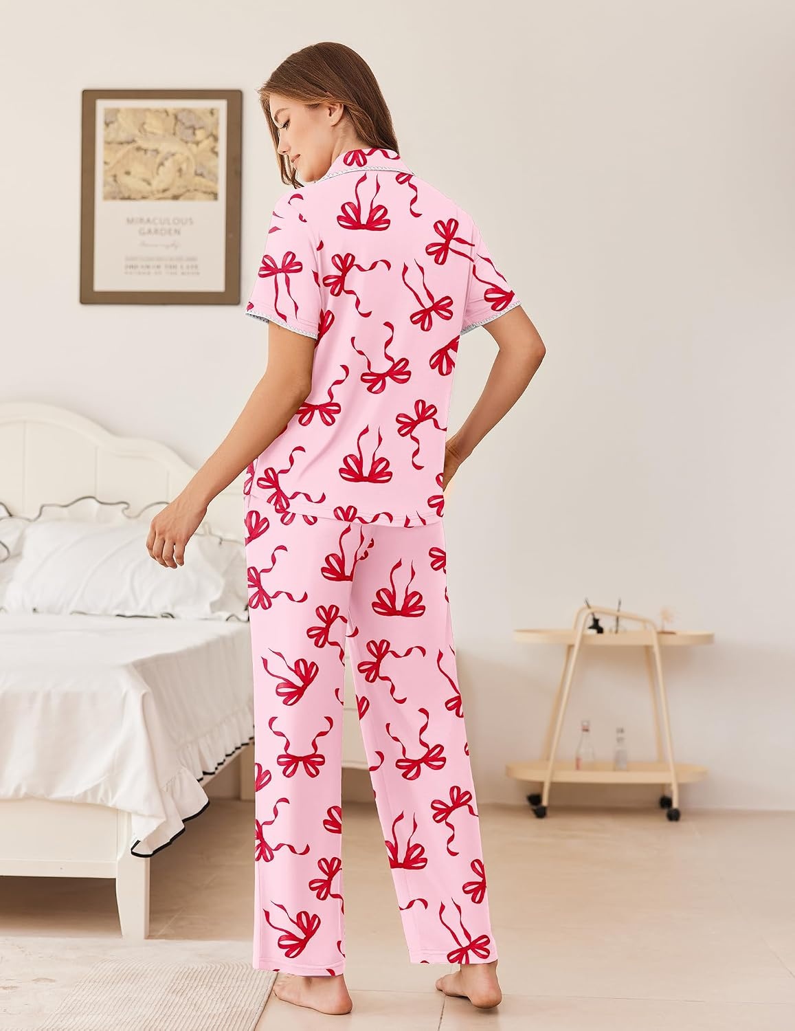image:imageEkouaer Womens Pajamas Set Button Down Loungewear Short Sleeve Pants PjsPink Bow