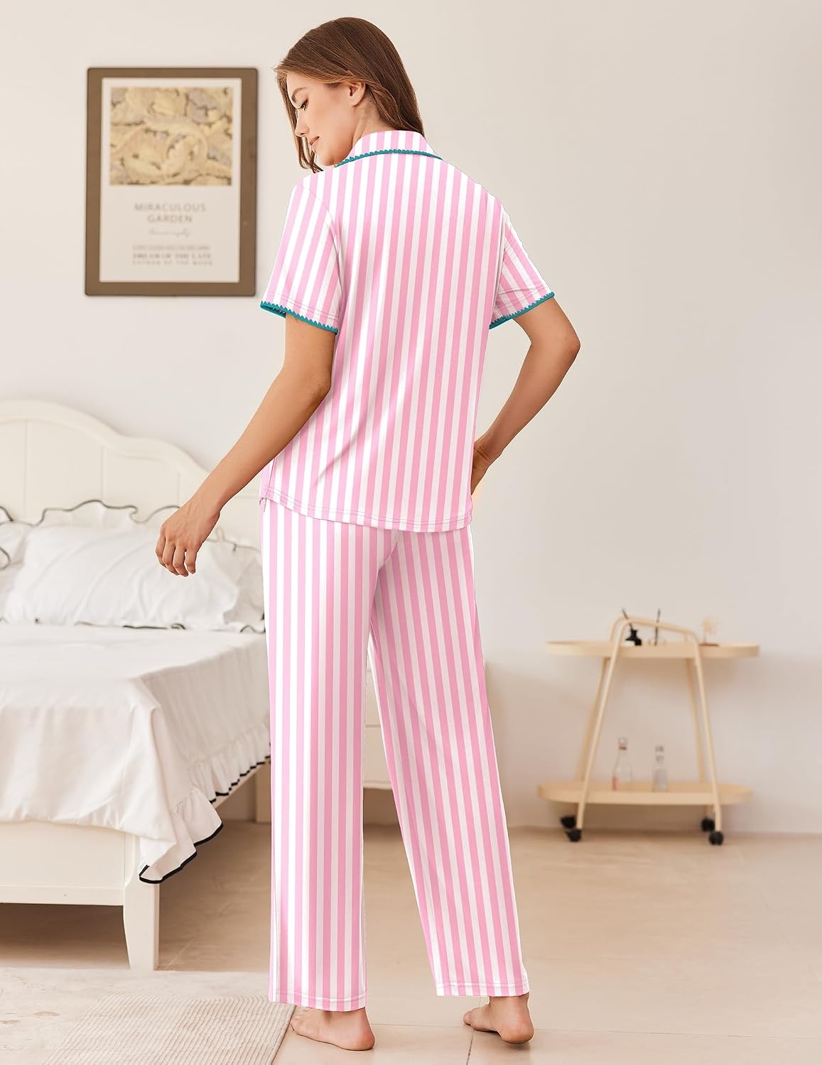 image:imageEkouaer Womens Pajamas Set Button Down Loungewear Short Sleeve Pants PjsPink Stripe