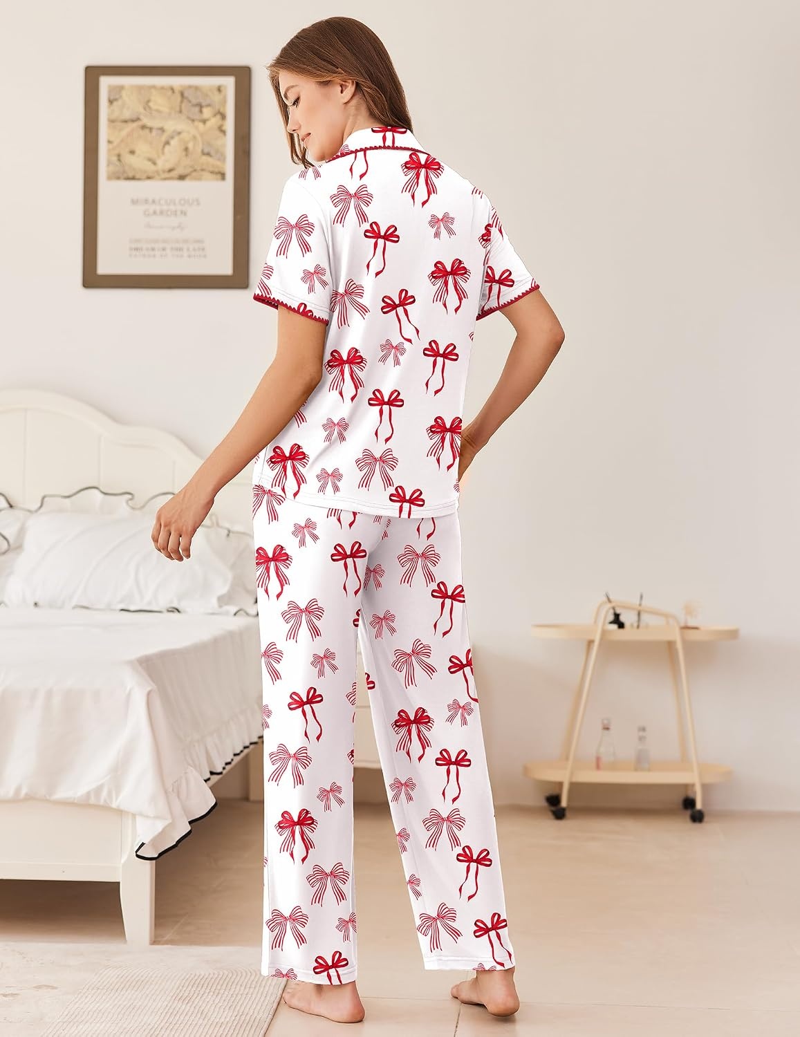 image:imageEkouaer Womens Pajamas Set Button Down Loungewear Short Sleeve Pants PjsRed Bow