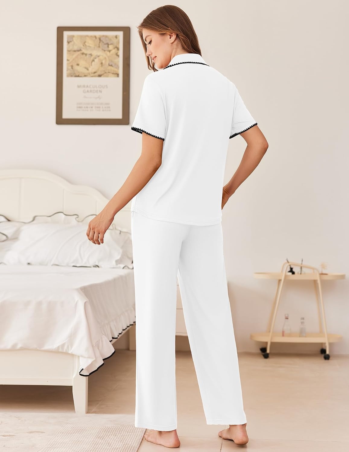 image:imageEkouaer Womens Pajamas Set Button Down Loungewear Short Sleeve Pants PjsWhite