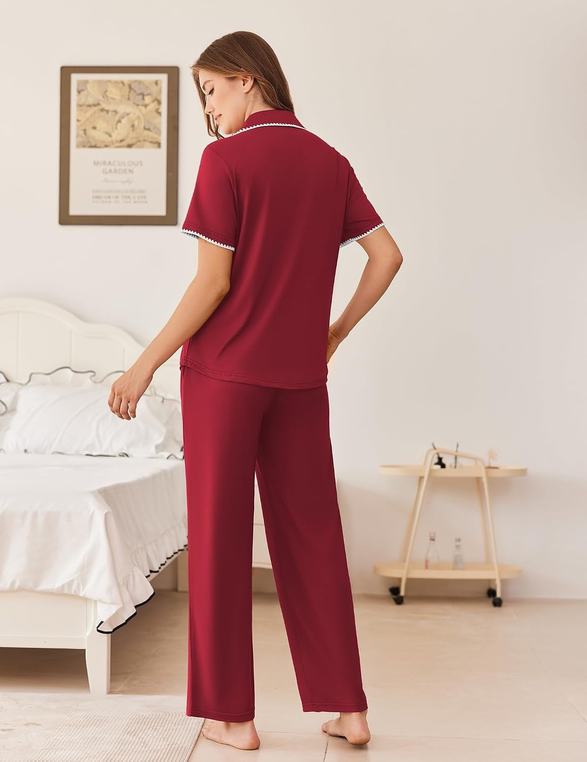 image:imageEkouaer Womens Pajamas Set Button Down Loungewear Short Sleeve Pants PjsWine Red