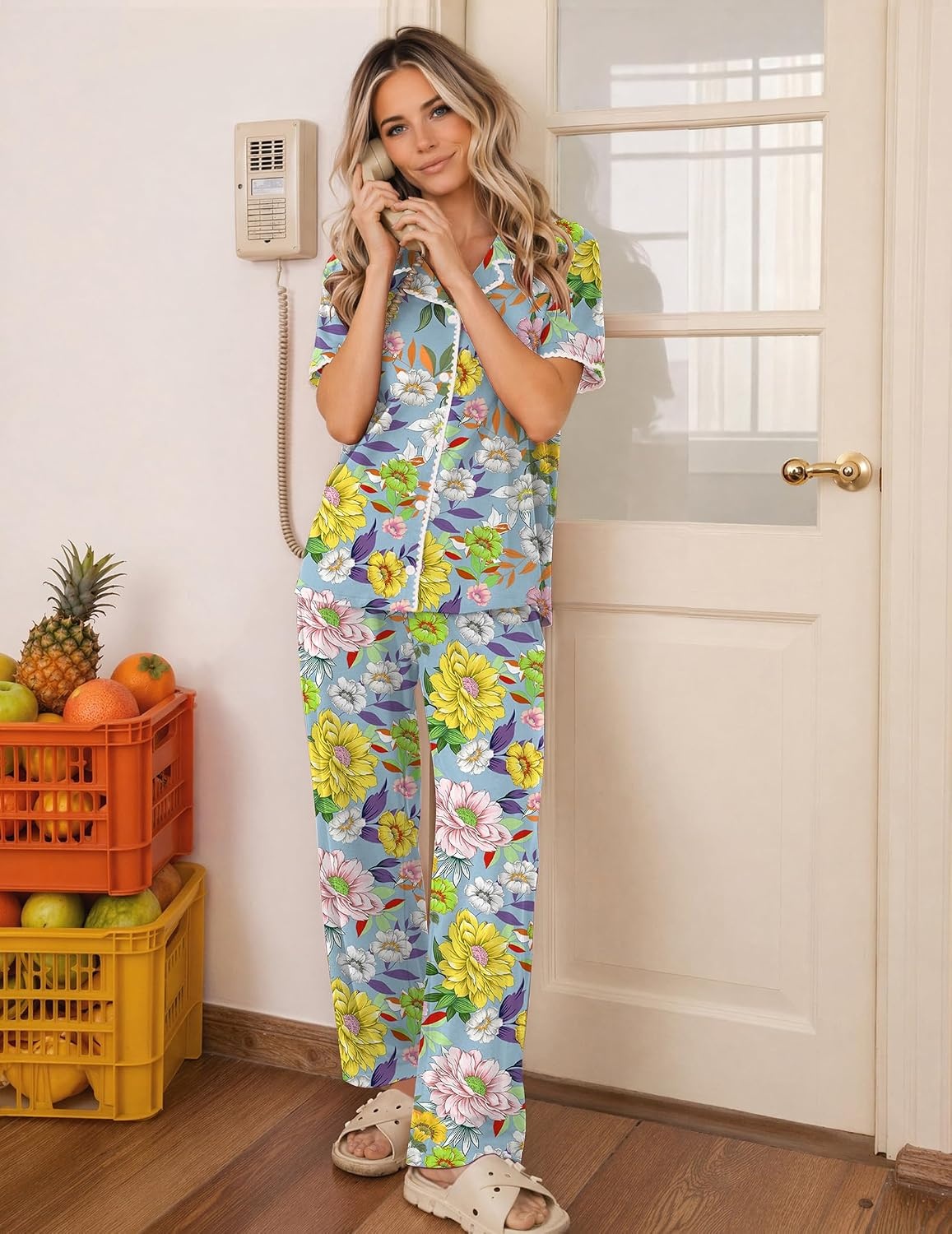 image:imageEkouaer Womens Pajamas Set Button Down Loungewear Short Sleeve Pants PjsYellow Chrysanthemum