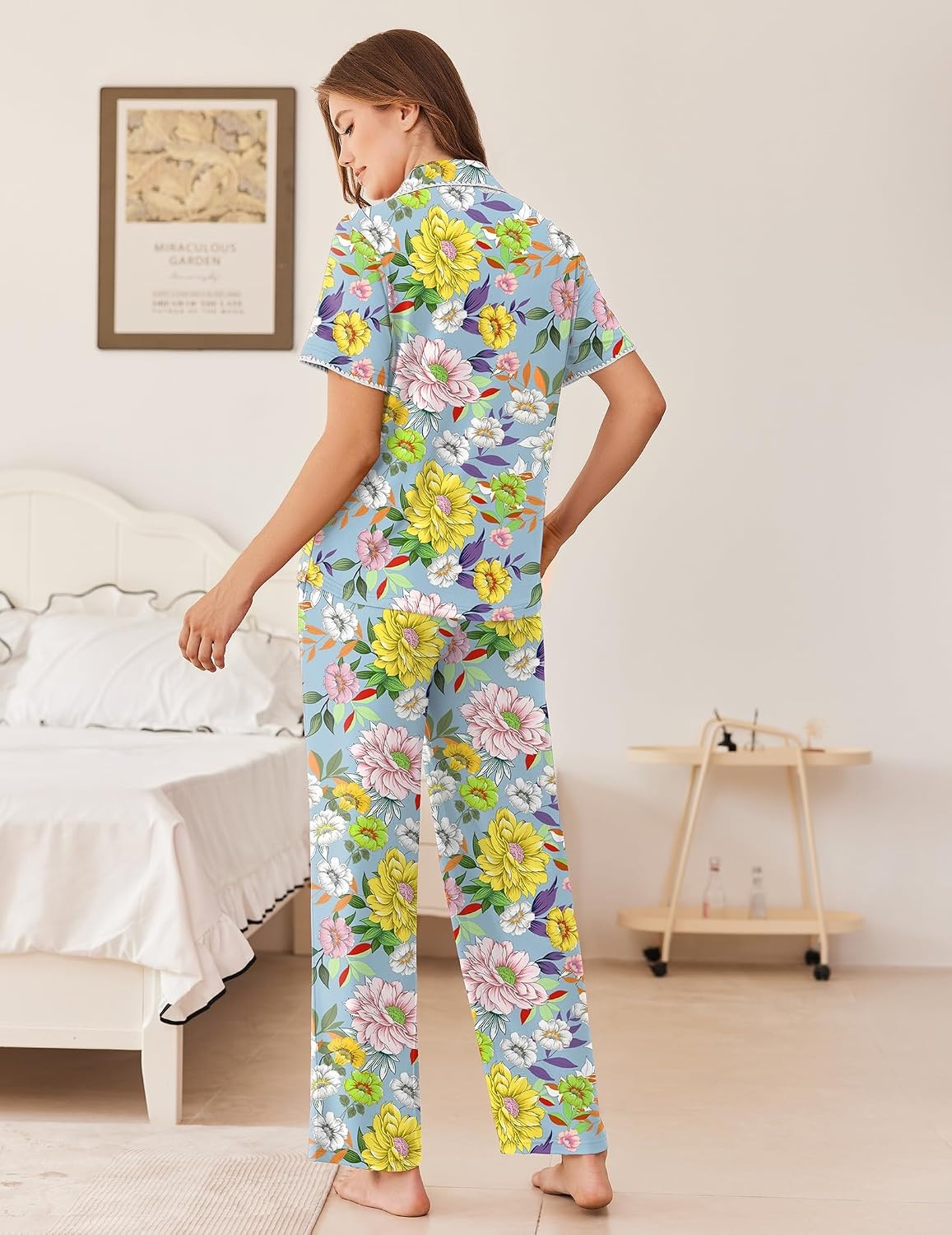 image:imageEkouaer Womens Pajamas Set Button Down Loungewear Short Sleeve Pants PjsYellow Chrysanthemum