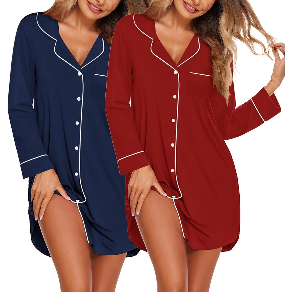 image:imageEkouaer 2 Pack Nightgowns for Women Long Sleeve Button Down Sleep ShirtNavy BlueWine Red