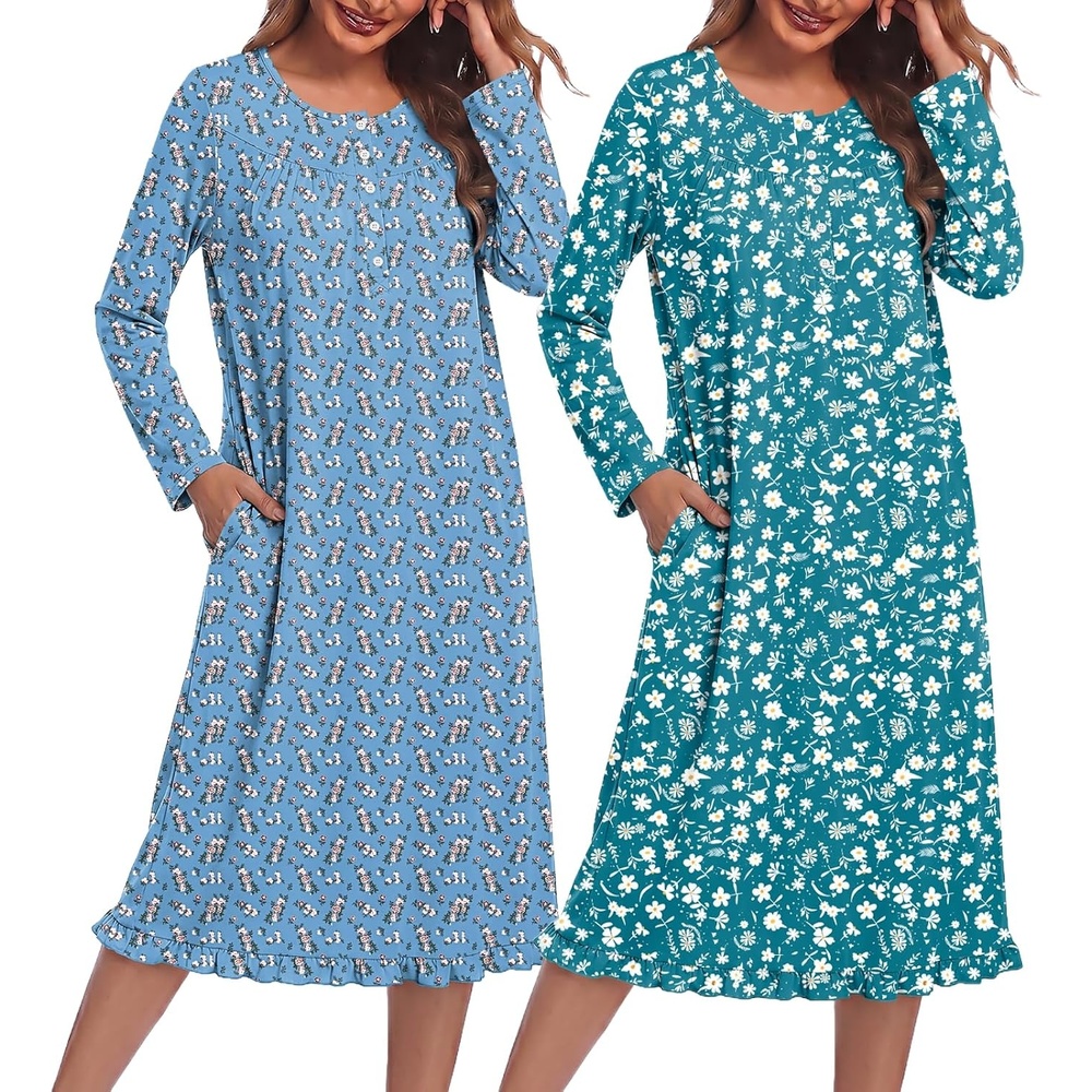 image:imageEkouaer 2 Pack Womens Long Sleeve Nightgown with Pockets Mumu DressesBlue FloralBlue Green Floral