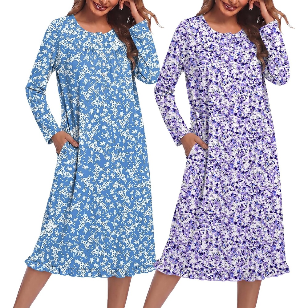image:imageEkouaer 2 Pack Womens Long Sleeve Nightgown with Pockets Mumu DressesBlue FloralPurple