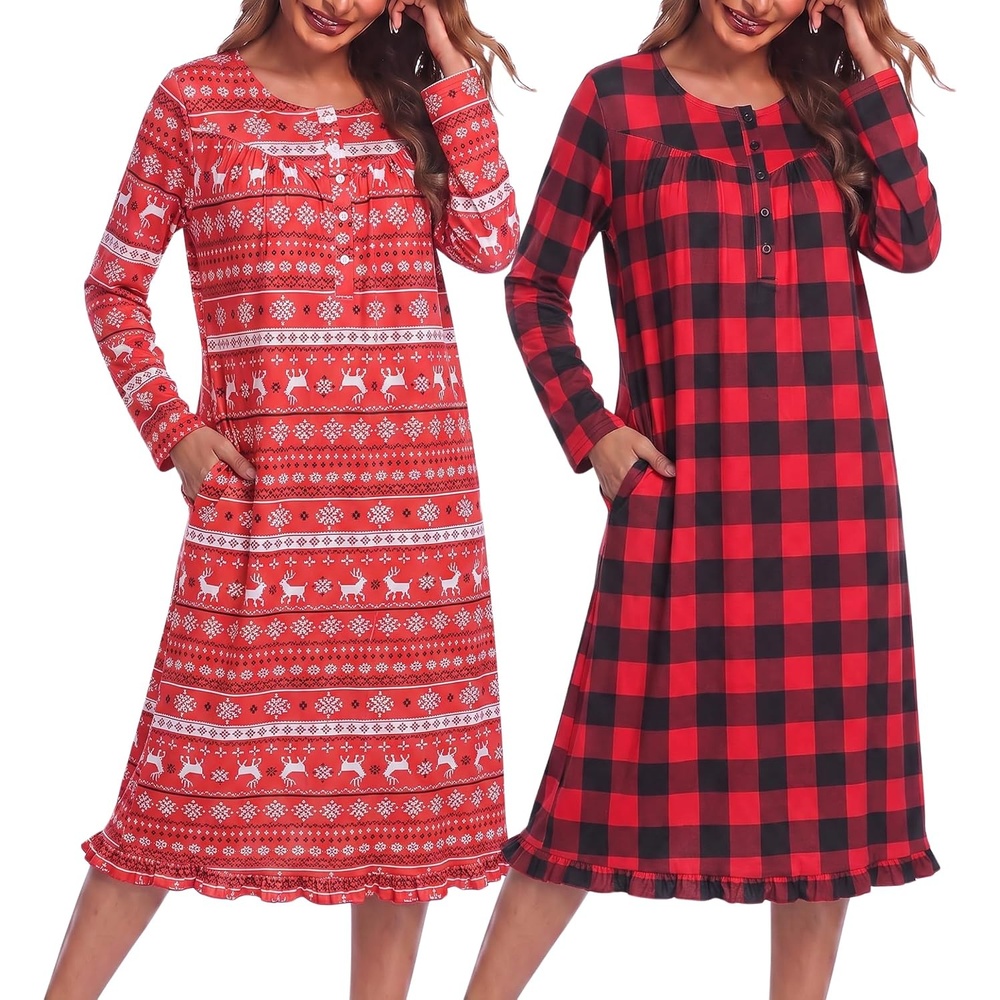 image:imageEkouaer 2 Pack Womens Long Sleeve Nightgown with Pockets Mumu DressesChristmas DeerBlack and Red Plaid