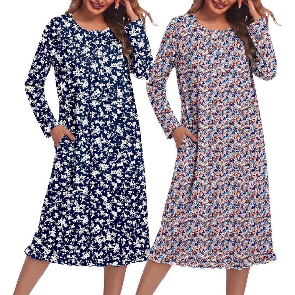 image:imageEkouaer 2 Pack Womens Long Sleeve Nightgown with Pockets Mumu DressesDark Blue FloralBrown Floral