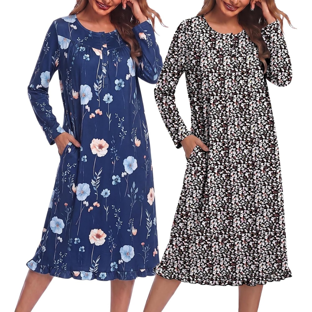 image:imageEkouaer 2 Pack Womens Long Sleeve Nightgown with Pockets Mumu DressesNavy Blue FloralBlack Floral