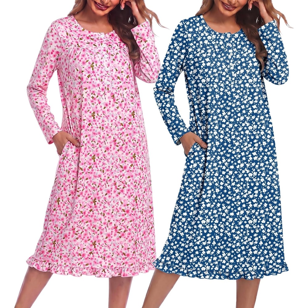 image:imageEkouaer 2 Pack Womens Long Sleeve Nightgown with Pockets Mumu DressesPink FloralBlue Floral