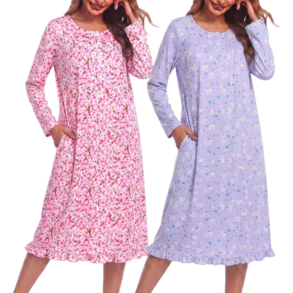 image:imageEkouaer 2 Pack Womens Long Sleeve Nightgown with Pockets Mumu DressesPink FlowerPurple Floral