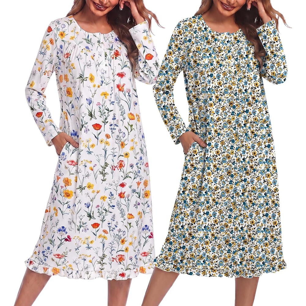 image:imageEkouaer 2 Pack Womens Long Sleeve Nightgown with Pockets Mumu DressesWhite FloralYellow Floral