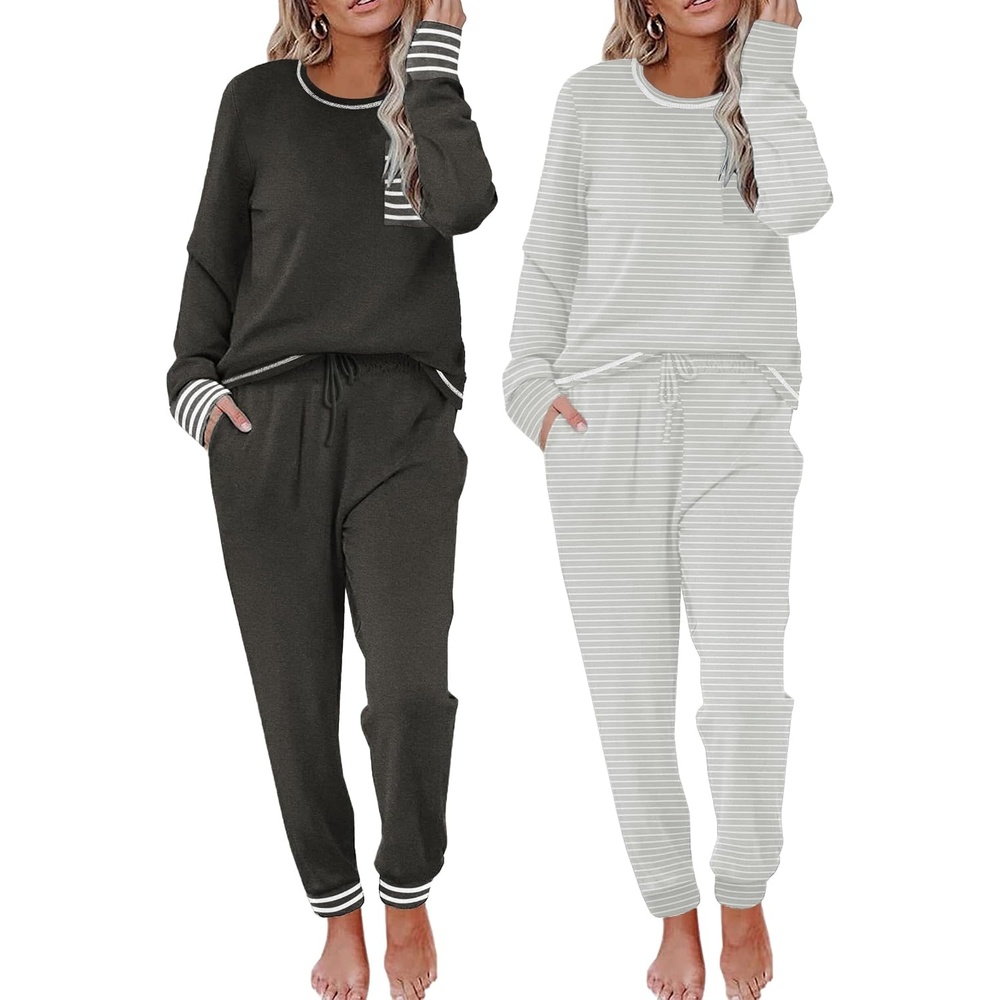 image:imageEkouaer 2 Pack Womens Pajama Sets Long Sleeve Lounge Sets Soft Pj Loungewear SleepwearBlack Black Stripe