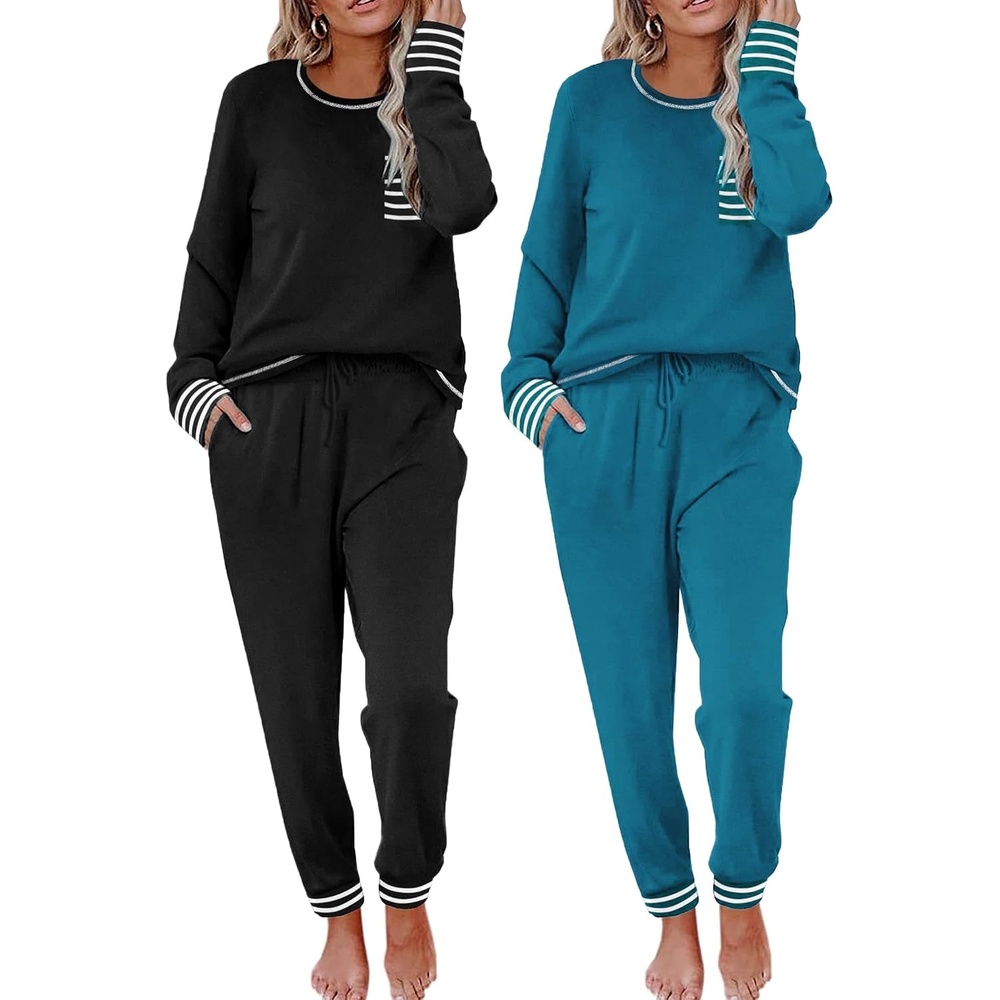 image:imageEkouaer 2 Pack Womens Pajama Sets Long Sleeve Lounge Sets Soft Pj Loungewear SleepwearBlackBlue Green