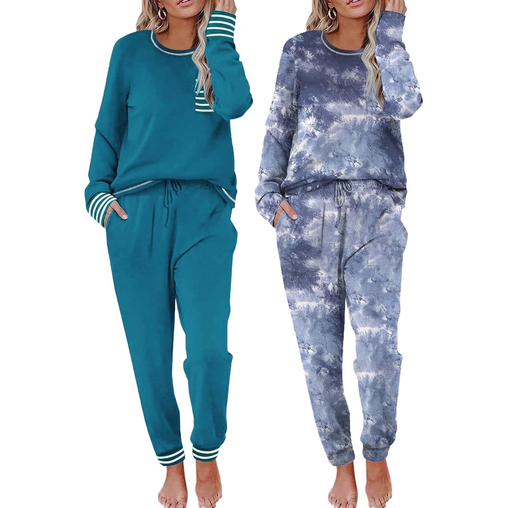 image:imageEkouaer 2 Pack Womens Pajama Sets Long Sleeve Lounge Sets Soft Pj Loungewear SleepwearBlue GreenTie Dye Blue