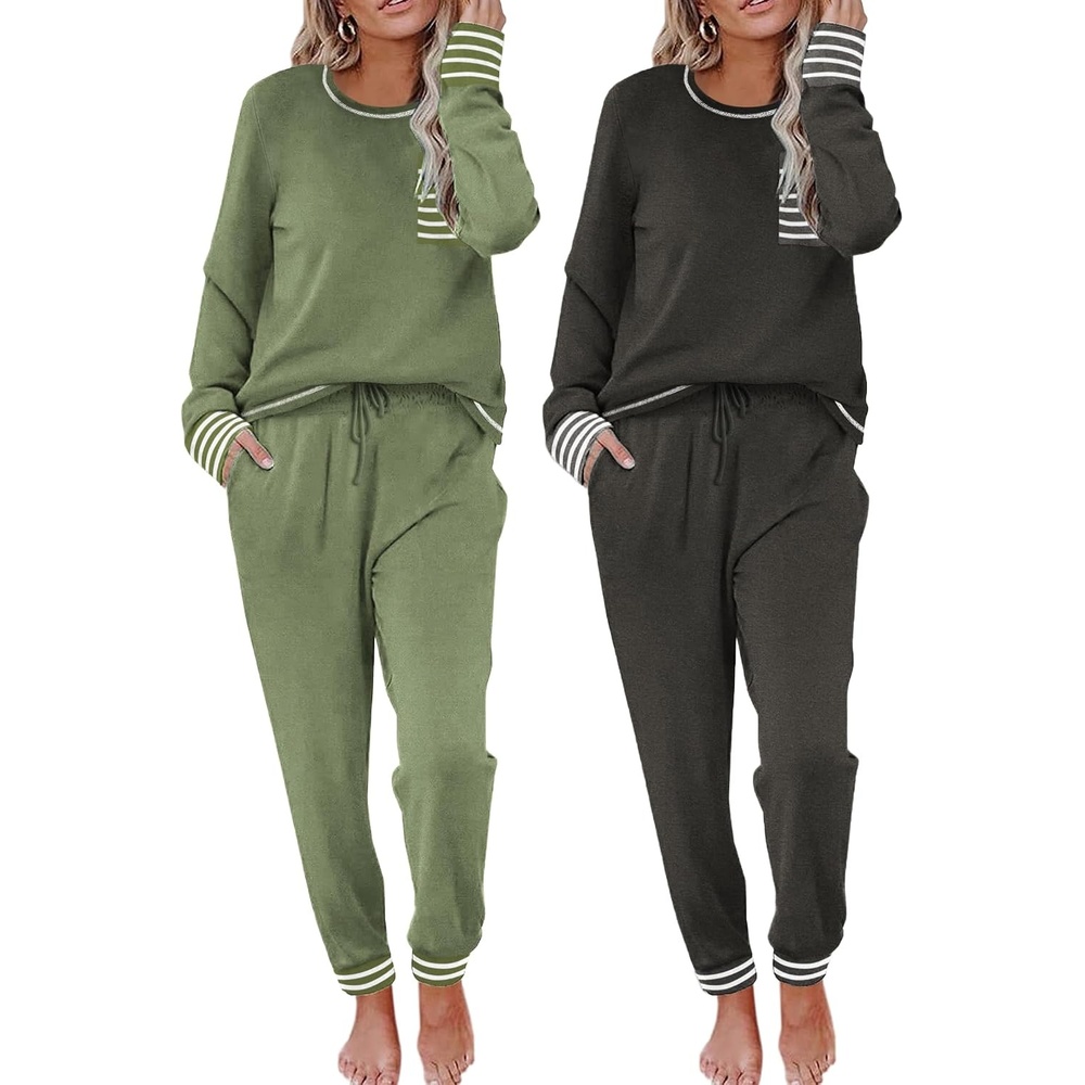 image:imageEkouaer 2 Pack Womens Pajama Sets Long Sleeve Lounge Sets Soft Pj Loungewear SleepwearDeep GreyArmy Green