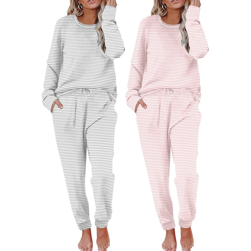 image:imageEkouaer 2 Pack Womens Pajama Sets Long Sleeve Lounge Sets Soft Pj Loungewear SleepwearGrey StripesPink Stripes