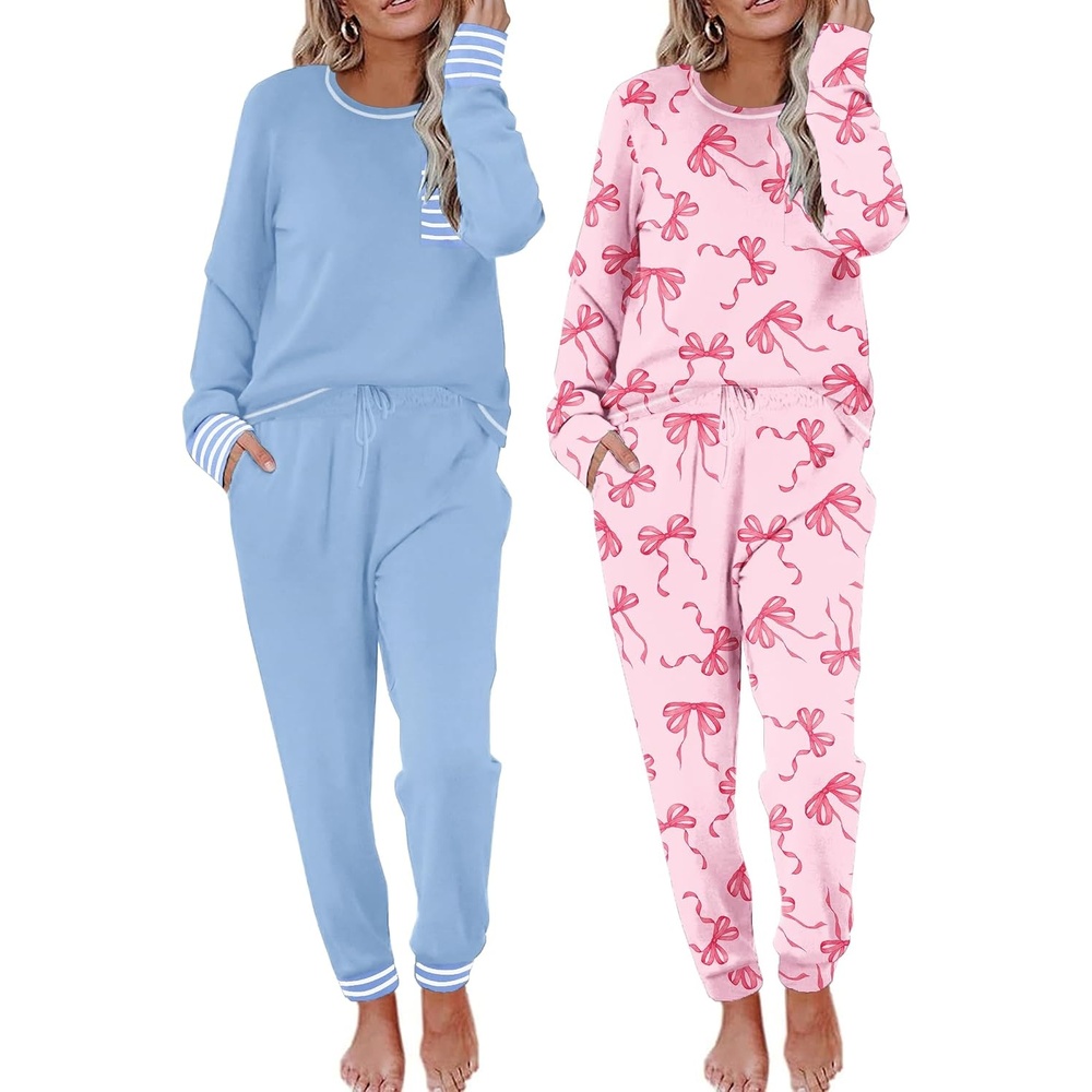 image:imageEkouaer 2 Pack Womens Pajama Sets Long Sleeve Lounge Sets Soft Pj Loungewear SleepwearLight BluePink Bow