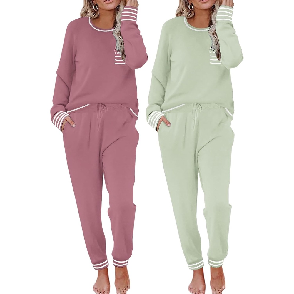 image:imageEkouaer 2 Pack Womens Pajama Sets Long Sleeve Lounge Sets Soft Pj Loungewear SleepwearLight GreenDusty Pink