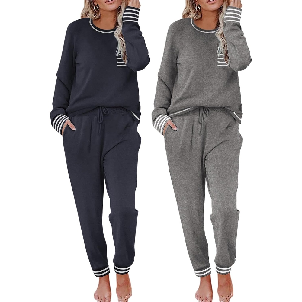 image:imageEkouaer 2 Pack Womens Pajama Sets Long Sleeve Lounge Sets Soft Pj Loungewear SleepwearNavy BlueGrey