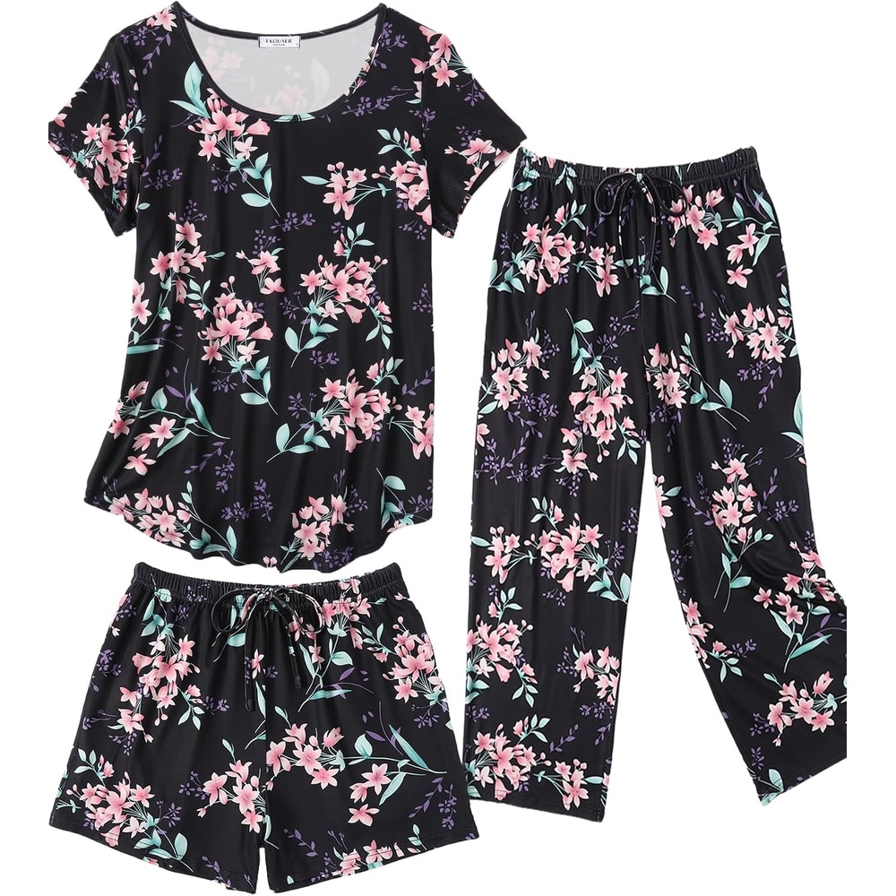 image:imageEkouaer 3 PCS Capri Pajamas for Women Set Short Sleeve Pajama Lounge SetsBlack Flowers