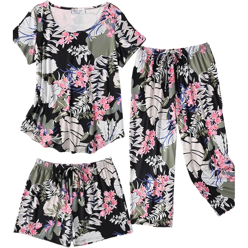 image:imageEkouaer 3 PCS Capri Pajamas for Women Set Short Sleeve Pajama Lounge SetsBlack Leaves