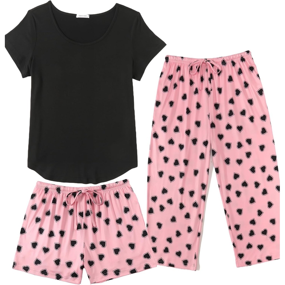 image:imageEkouaer 3 PCS Capri Pajamas for Women Set Short Sleeve Pajama Lounge SetsBlack and Pink Hearts