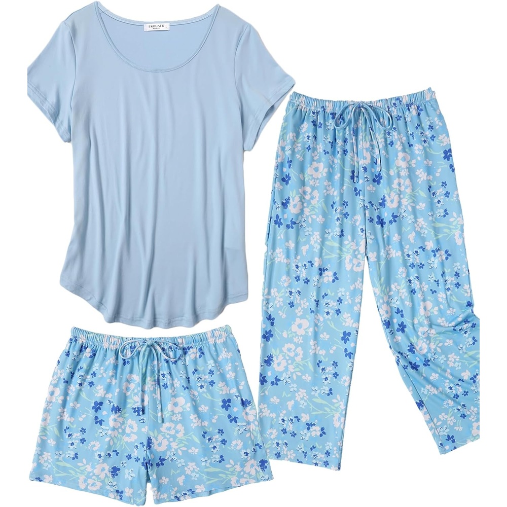 image:imageEkouaer 3 PCS Capri Pajamas for Women Set Short Sleeve Pajama Lounge SetsBlue Flowers