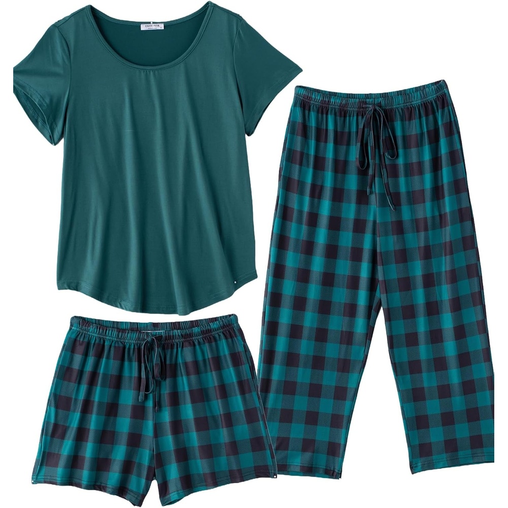 image:imageEkouaer 3 PCS Capri Pajamas for Women Set Short Sleeve Pajama Lounge SetsDeep Green Plaid