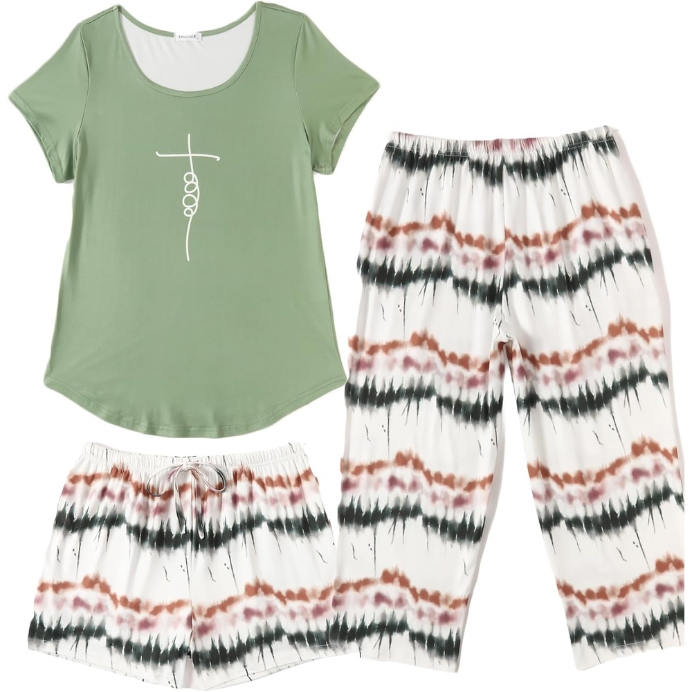 image:imageEkouaer 3 PCS Capri Pajamas for Women Set Short Sleeve Pajama Lounge SetsGreen Print