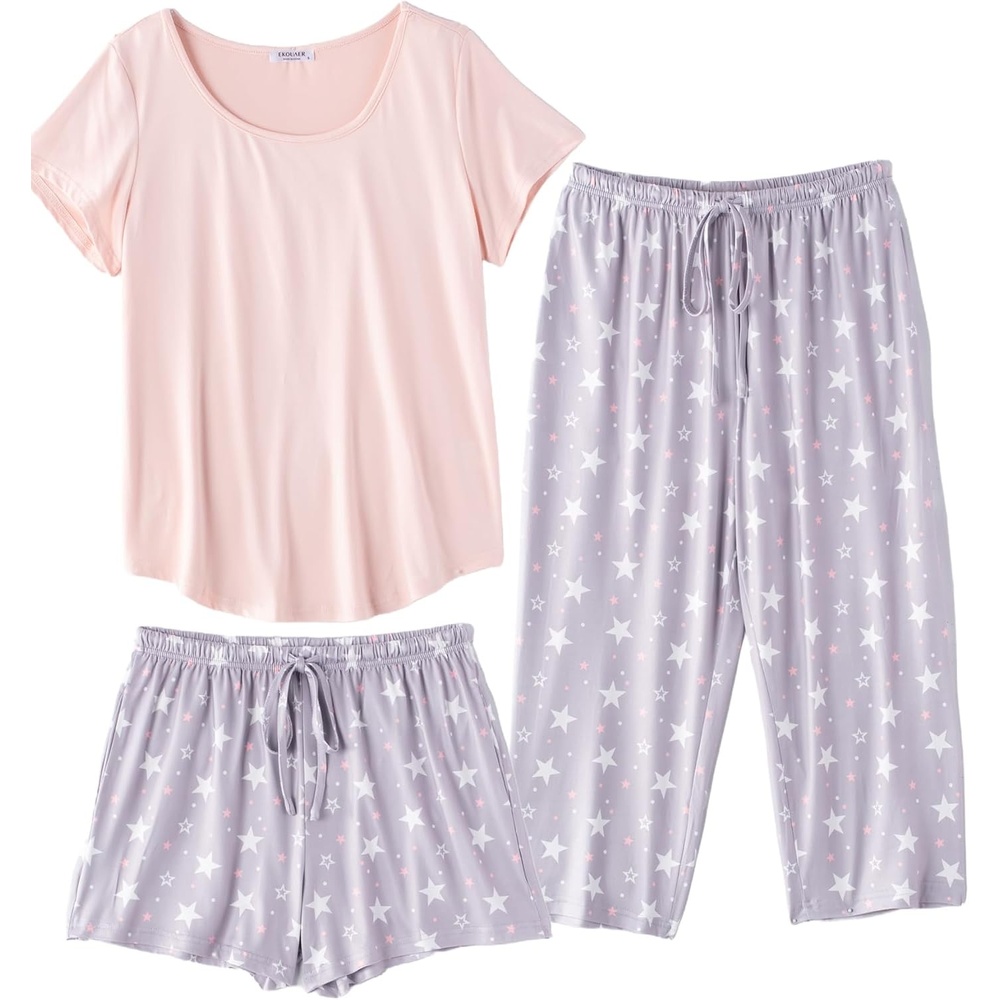 image:imageEkouaer 3 PCS Capri Pajamas for Women Set Short Sleeve Pajama Lounge SetsLight Pink