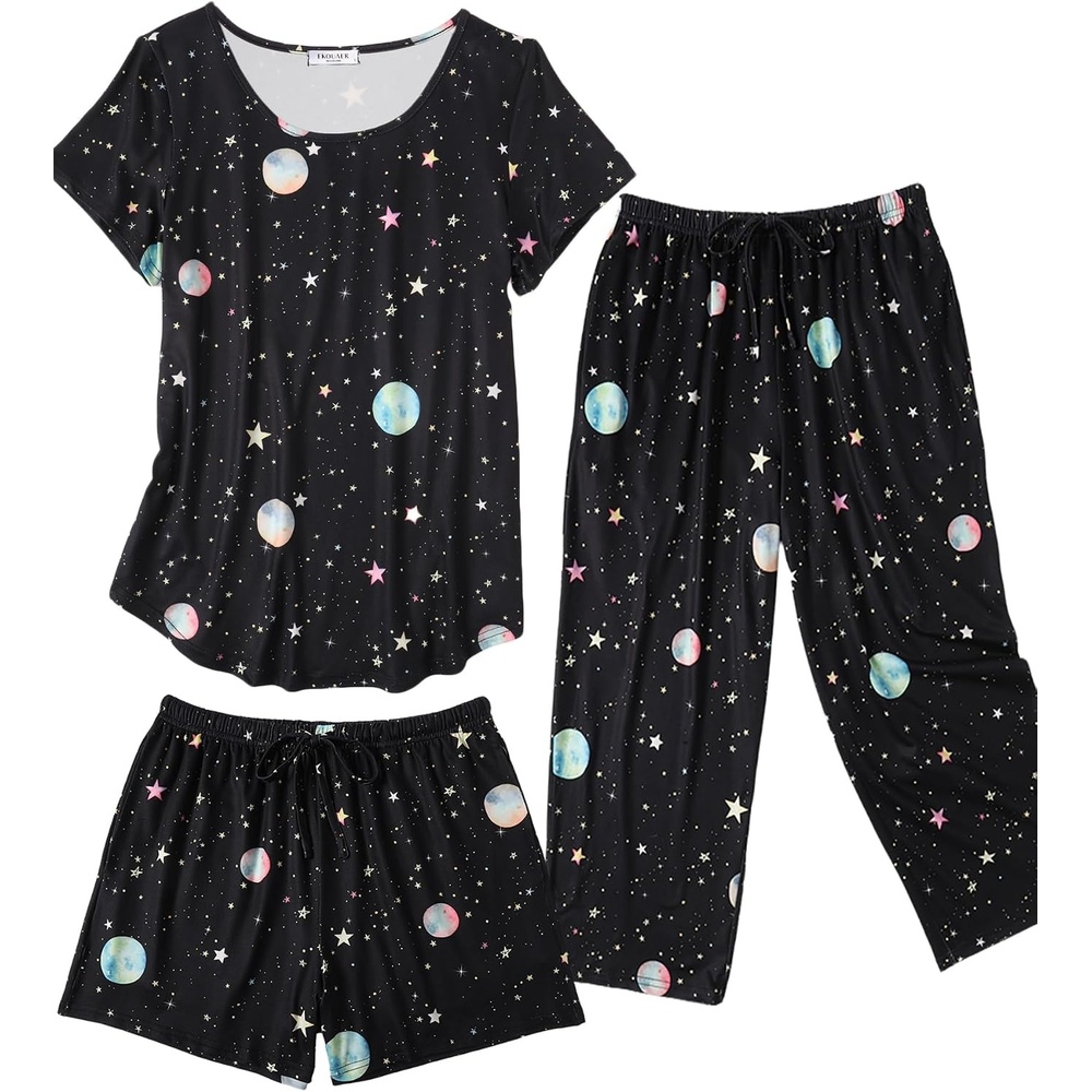 image:imageEkouaer 3 PCS Capri Pajamas for Women Set Short Sleeve Pajama Lounge SetsMoon and Star