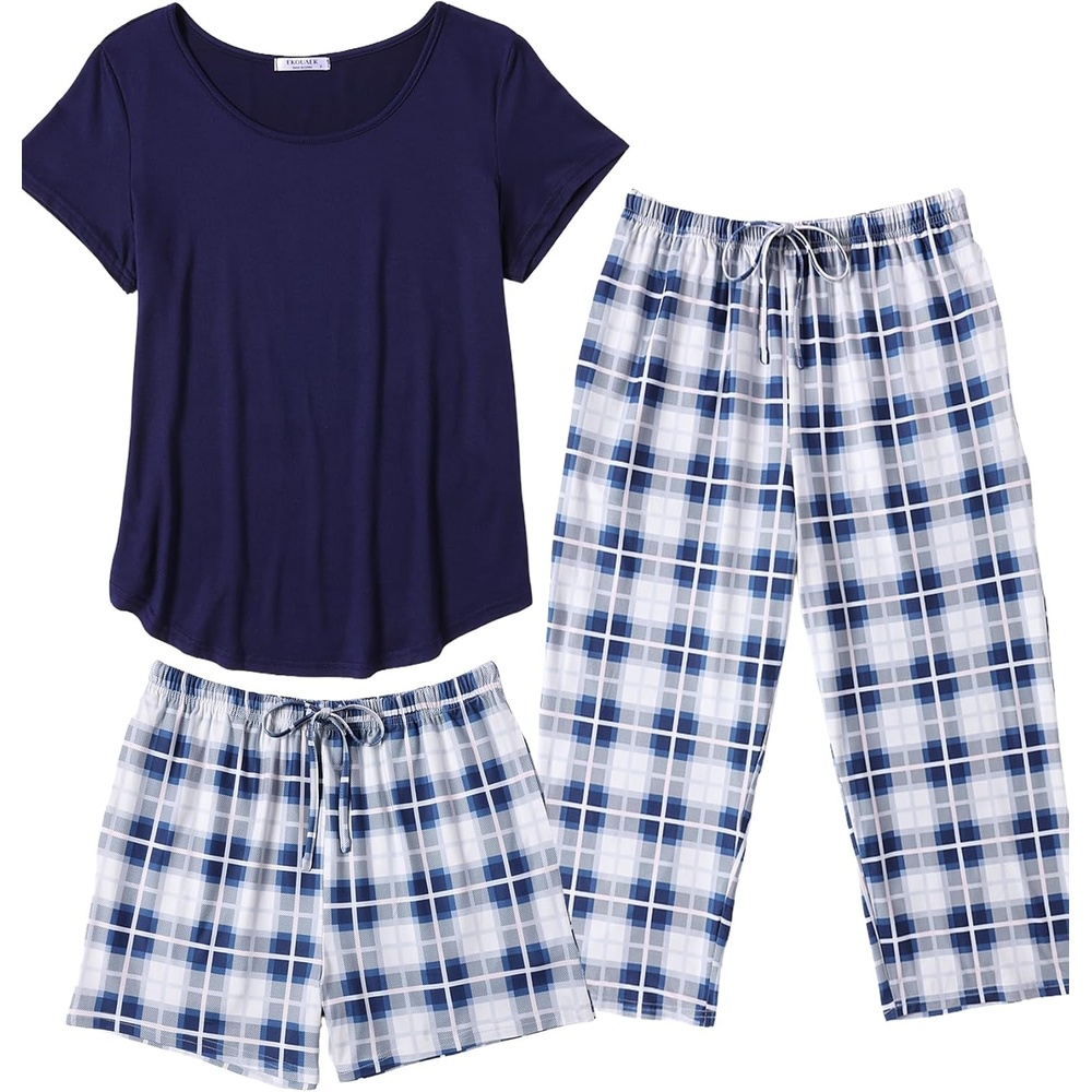 image:imageEkouaer 3 PCS Capri Pajamas for Women Set Short Sleeve Pajama Lounge SetsNavy Plaid