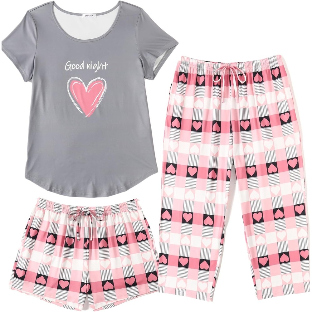 image:imageEkouaer 3 PCS Capri Pajamas for Women Set Short Sleeve Pajama Lounge SetsPink and Grey Plaid