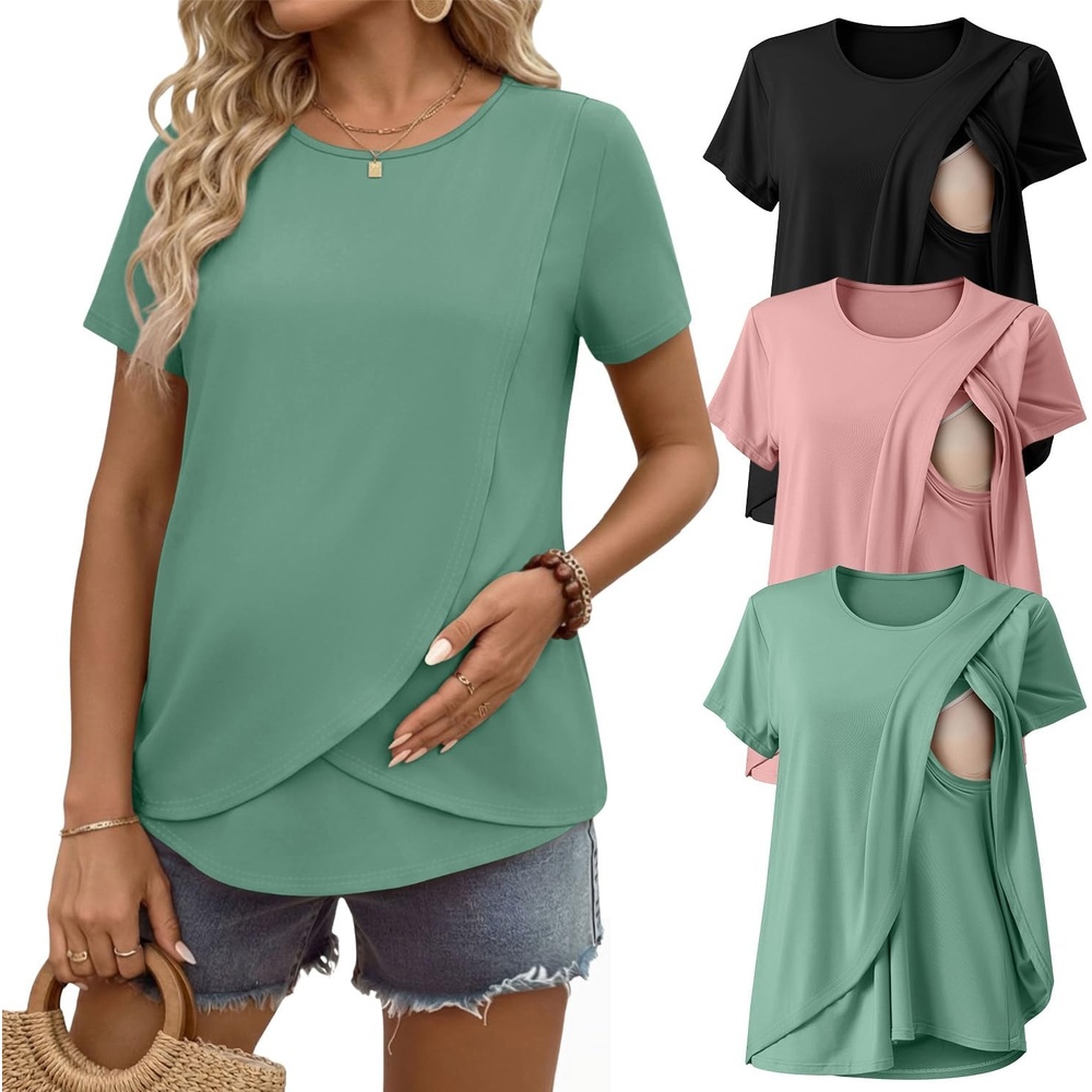 image:imageEkouaer 3 Pack Nursing Shirts Short Sleeve Breastfeeding Tops Maternity TeeBlackAquaPink
