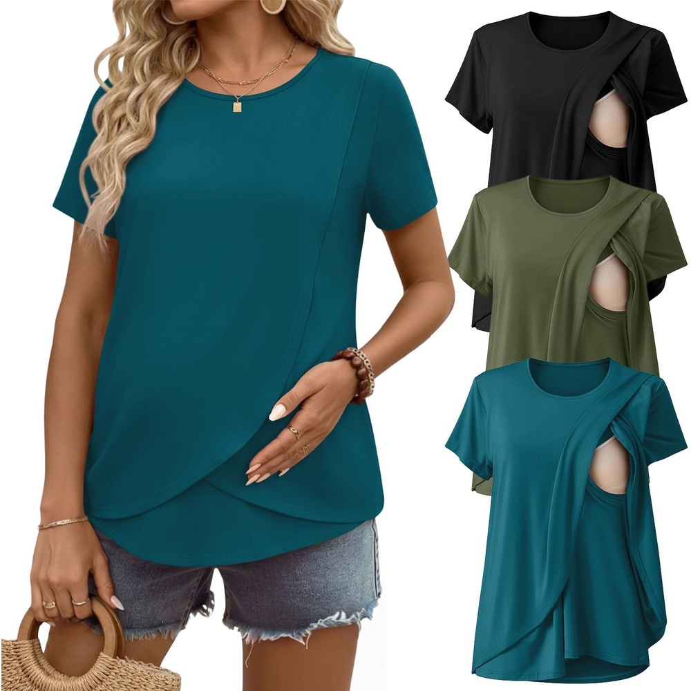 image:imageEkouaer 3 Pack Nursing Shirts Short Sleeve Breastfeeding Tops Maternity TeeBlackArmy GreenBlue Green