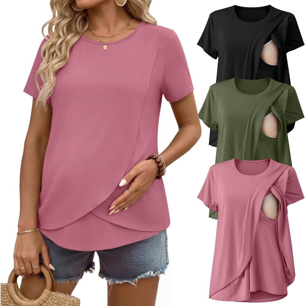 image:imageEkouaer 3 Pack Nursing Shirts Short Sleeve Breastfeeding Tops Maternity TeeBlackArmy GreenGray Purple