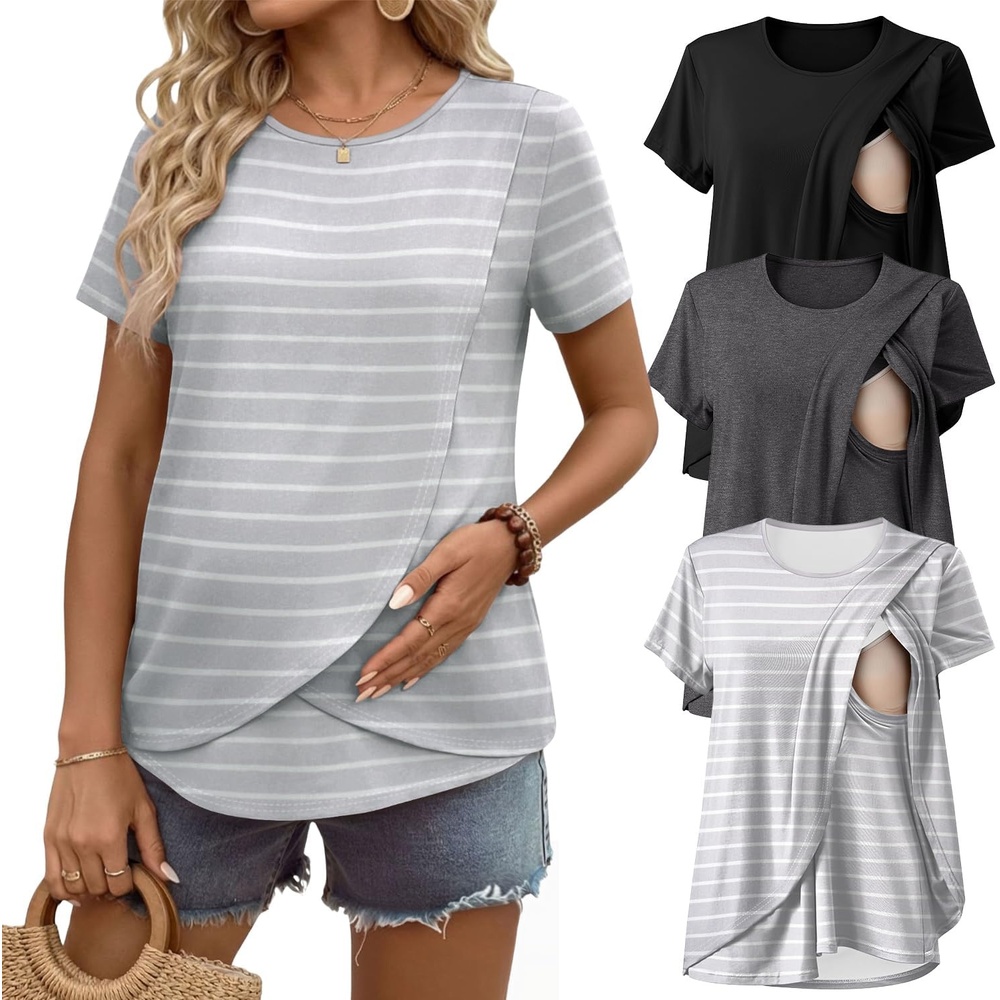 image:imageEkouaer 3 Pack Nursing Shirts Short Sleeve Breastfeeding Tops Maternity TeeBlackDark GrayGray White Stripes