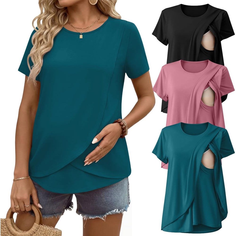 image:imageEkouaer 3 Pack Nursing Shirts Short Sleeve Breastfeeding Tops Maternity TeeBlackGray PurpleBlue Green