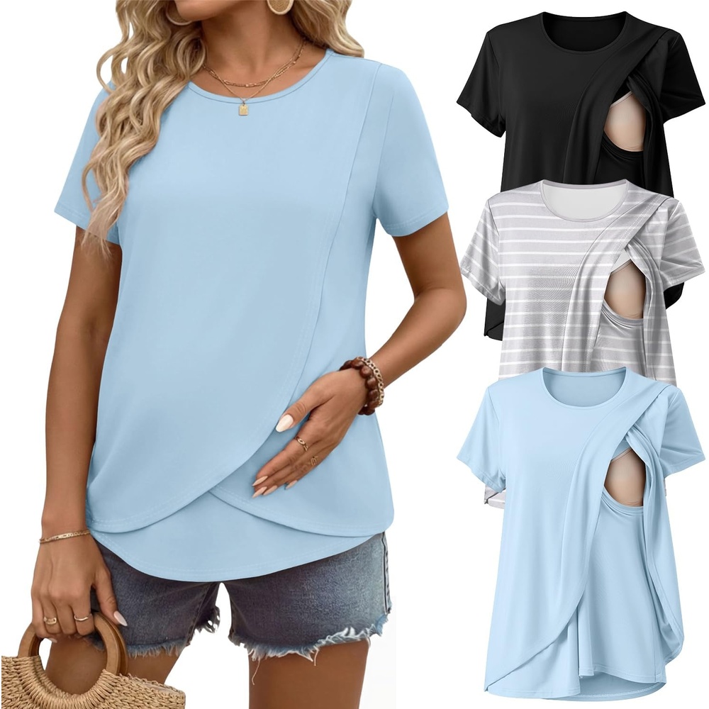 image:imageEkouaer 3 Pack Nursing Shirts Short Sleeve Breastfeeding Tops Maternity TeeBlackLight BlueGray White Stripes