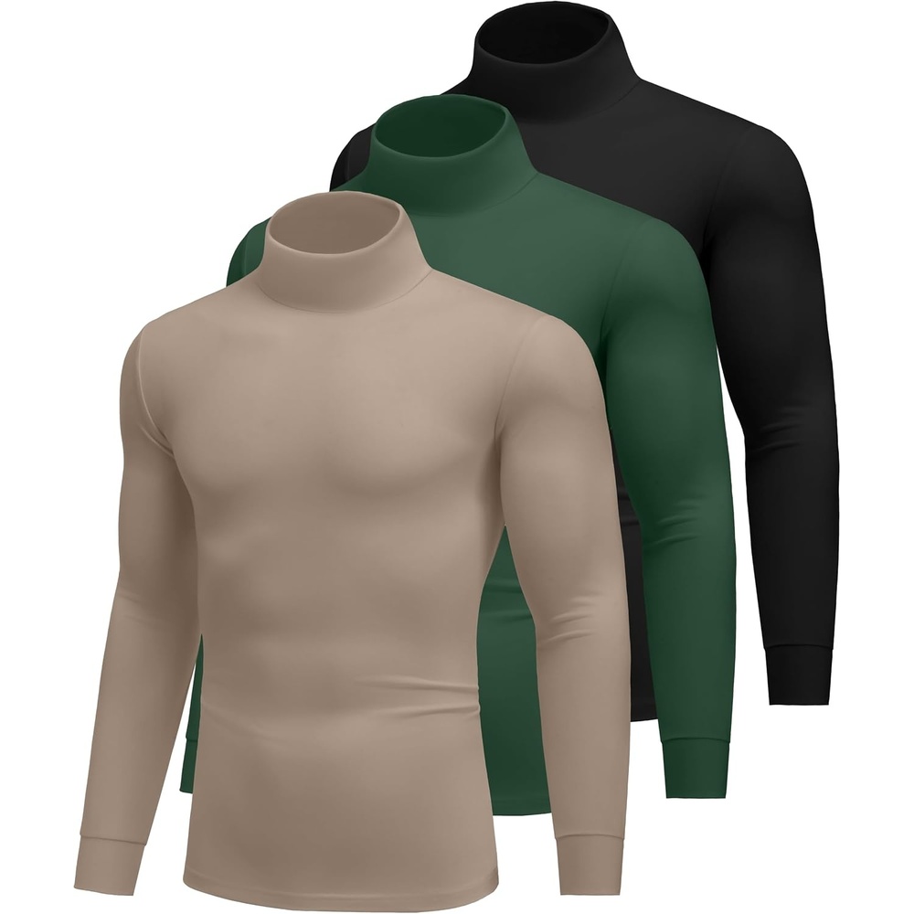 image:imageEkouaer 3 Packs Men Turtleneck Shirts Long Sleeve Thermal Tops Causal Lightweight Pullover SXXXL3pcs Black Light Brown Green