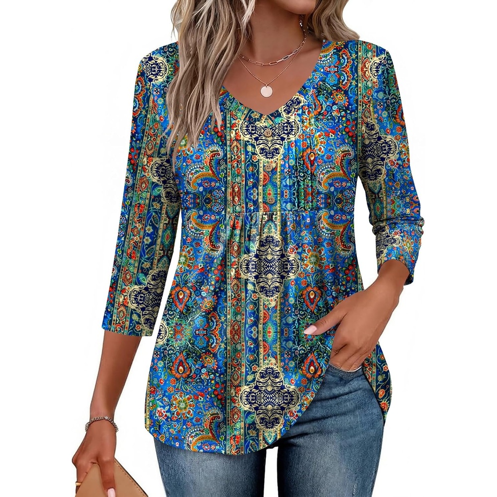 image:imageEkouaer 34 Length Sleeve Womens Tops V Neck Blouses Casual Pleated ShirtsBlue Boho