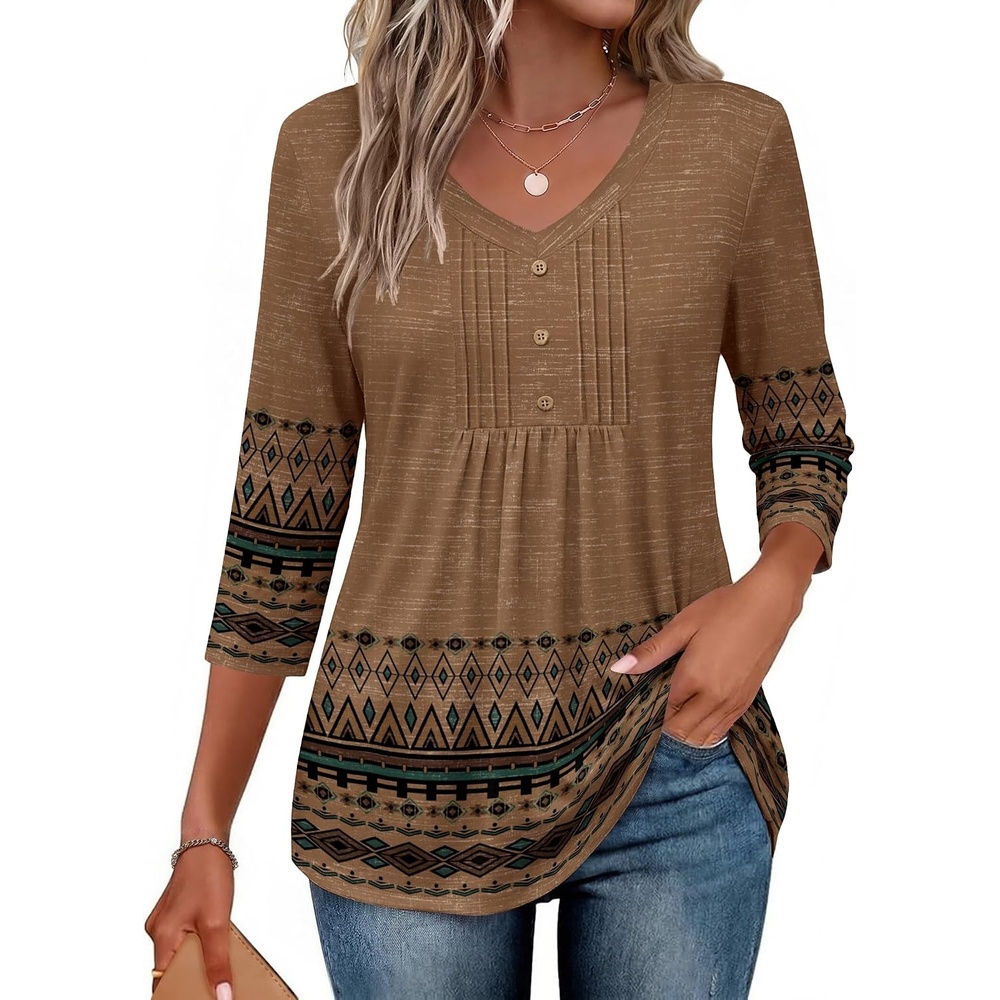 image:imageEkouaer 34 Length Sleeve Womens Tops V Neck Blouses Casual Pleated ShirtsBrown Boho