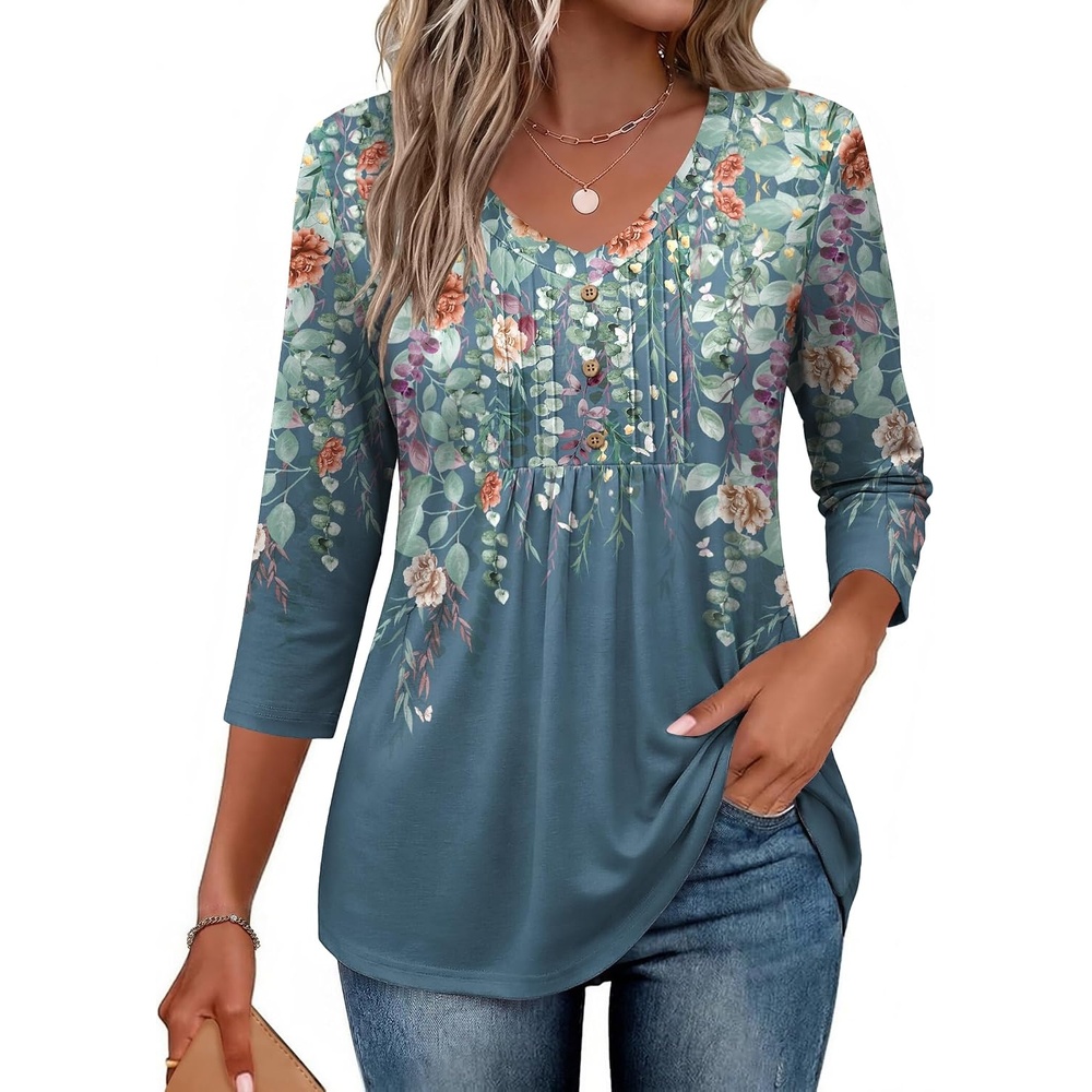 image:imageEkouaer 34 Length Sleeve Womens Tops V Neck Blouses Casual Pleated ShirtsGrey Green Floral