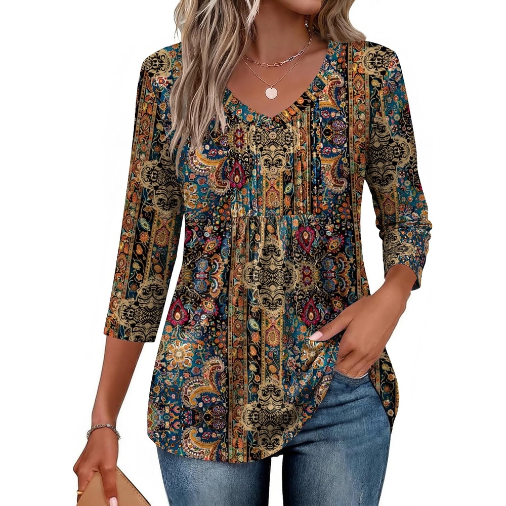 image:imageEkouaer 34 Length Sleeve Womens Tops V Neck Blouses Casual Pleated ShirtsMulticolor Boho