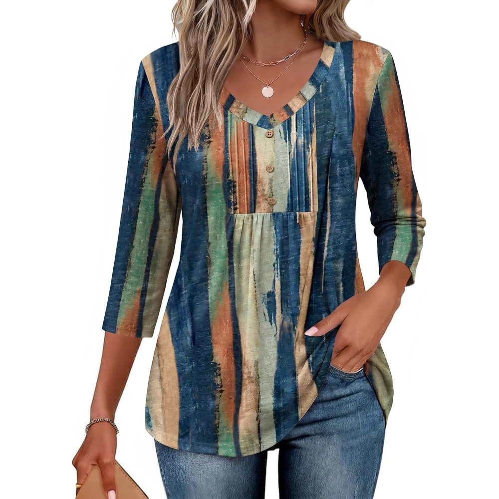 image:imageEkouaer 34 Length Sleeve Womens Tops V Neck Blouses Casual Pleated ShirtsMulticolor Striped