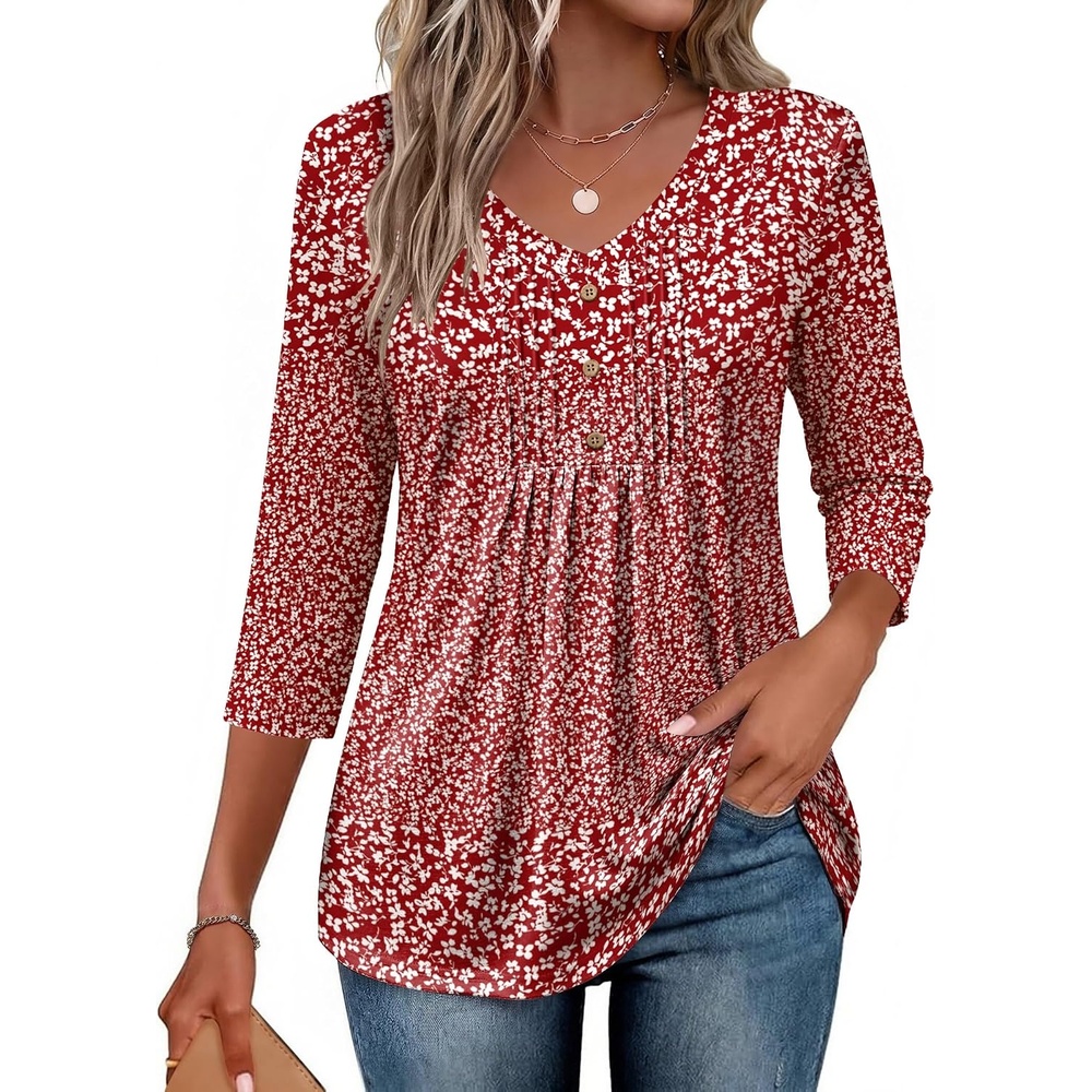 image:imageEkouaer 34 Length Sleeve Womens Tops V Neck Blouses Casual Pleated ShirtsRed Floral