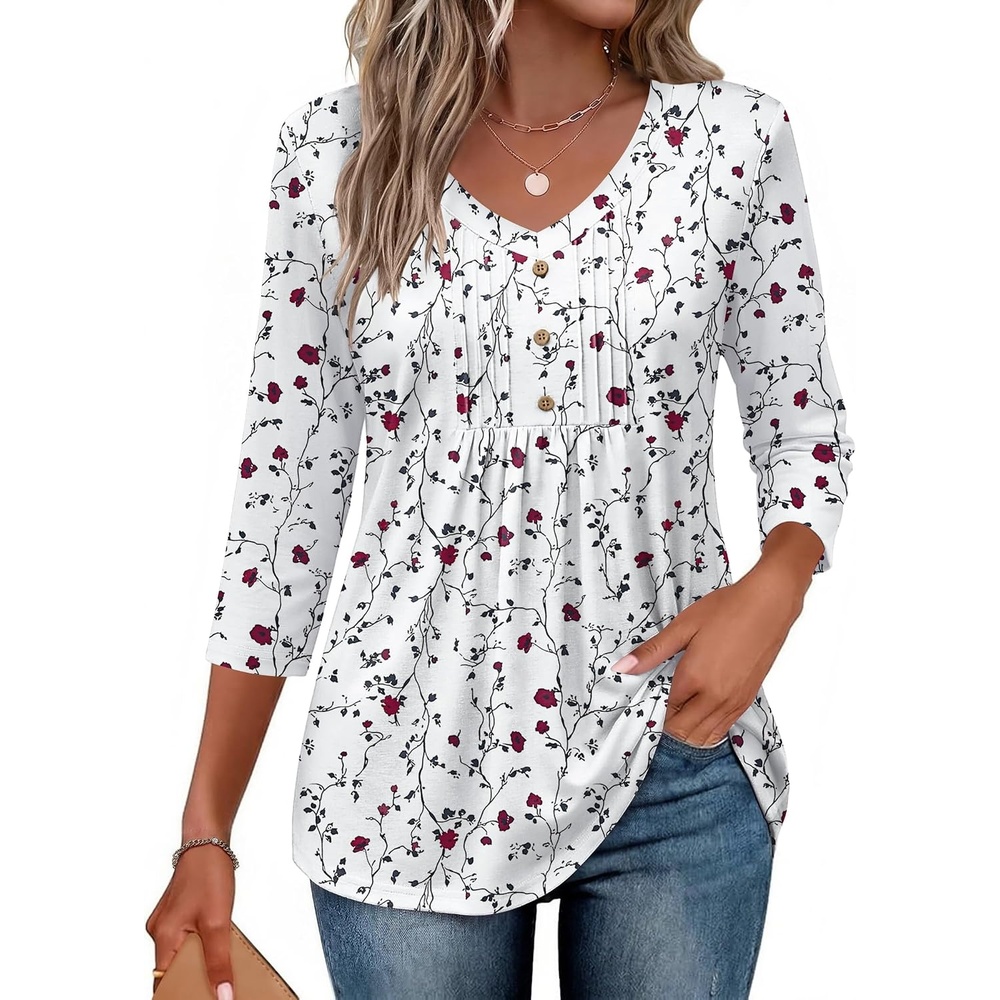 image:imageEkouaer 34 Length Sleeve Womens Tops V Neck Blouses Casual Pleated ShirtsWhite Floral